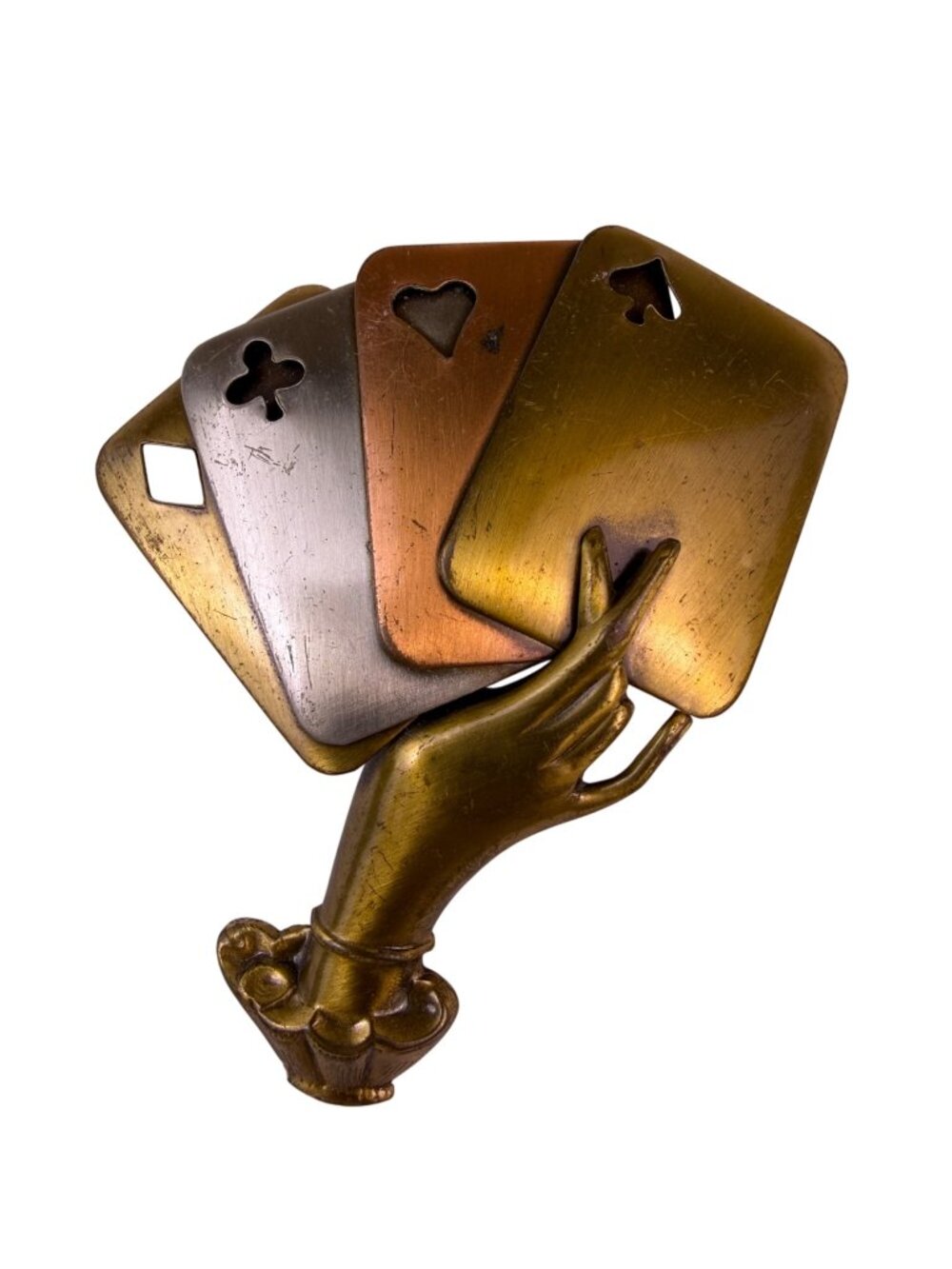 Vintage Victorian-Style Brass & Metal Multi-Tone Hand Holding Playing Cards Broo